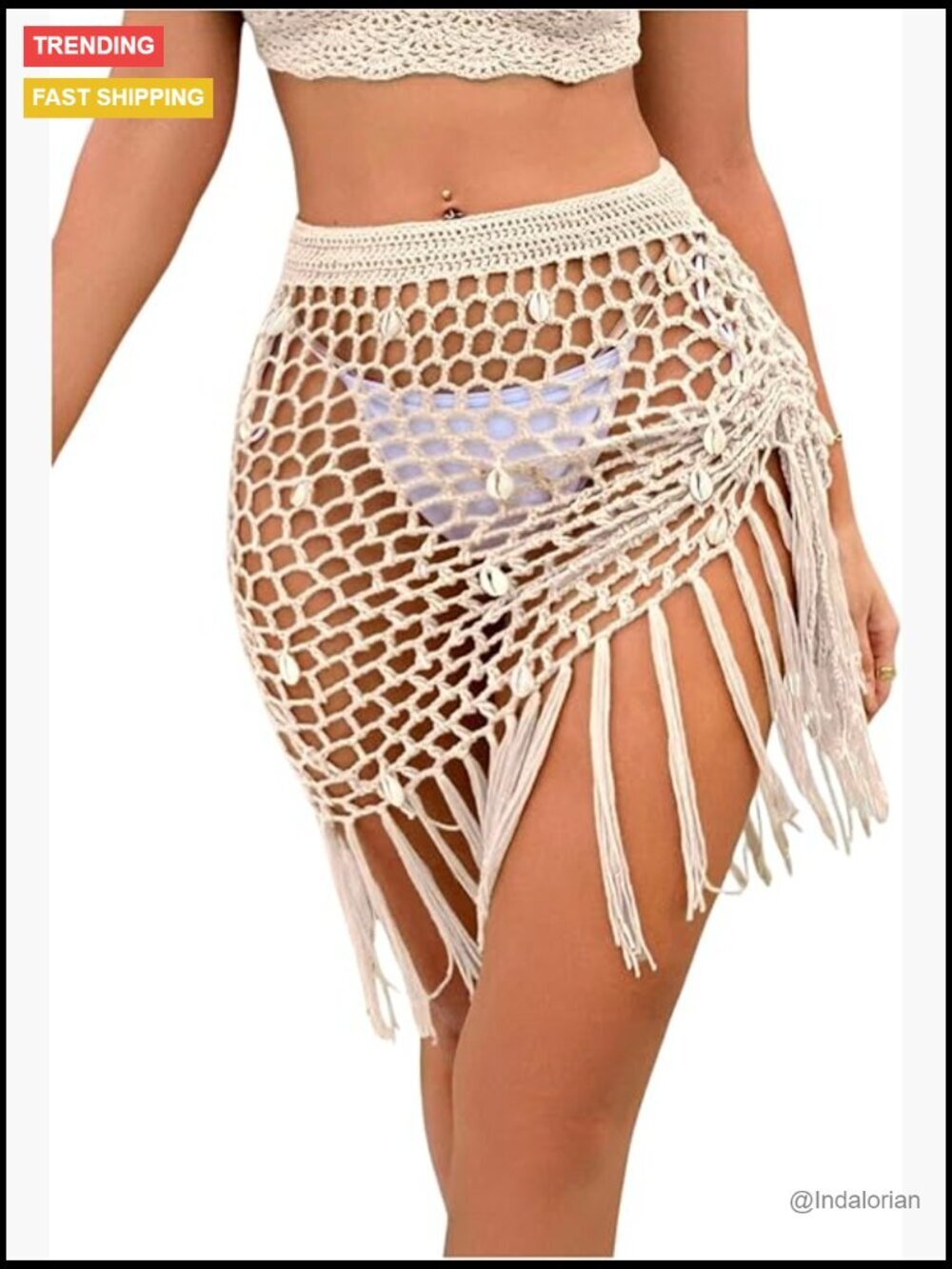 Crochet Hollow Out Shell Swimwear Cover Up Sheer Tassel Knit Beach Skirt